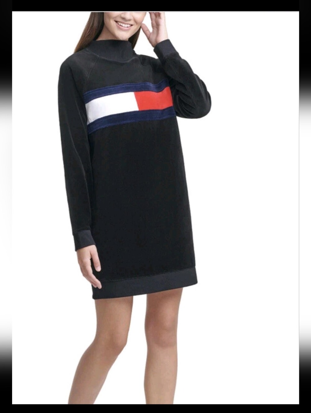 Tommy Hilfiger Navy Velour Long-Sleeve Pullover Dress with Red & White Stripe